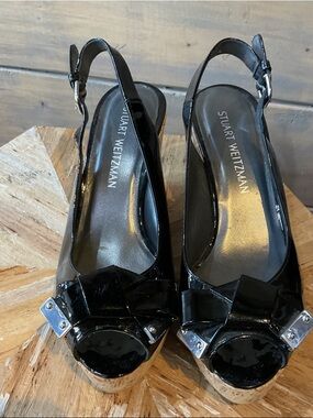 Stuart Weitzman Black Patent Slingback Peep-Toe Platforms with Bow